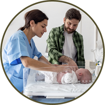 A proud parent working with a nurse